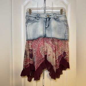 Casual Y2K Boho Festival Summery Denim and Paisley Asymmetrical Skirt in Size M